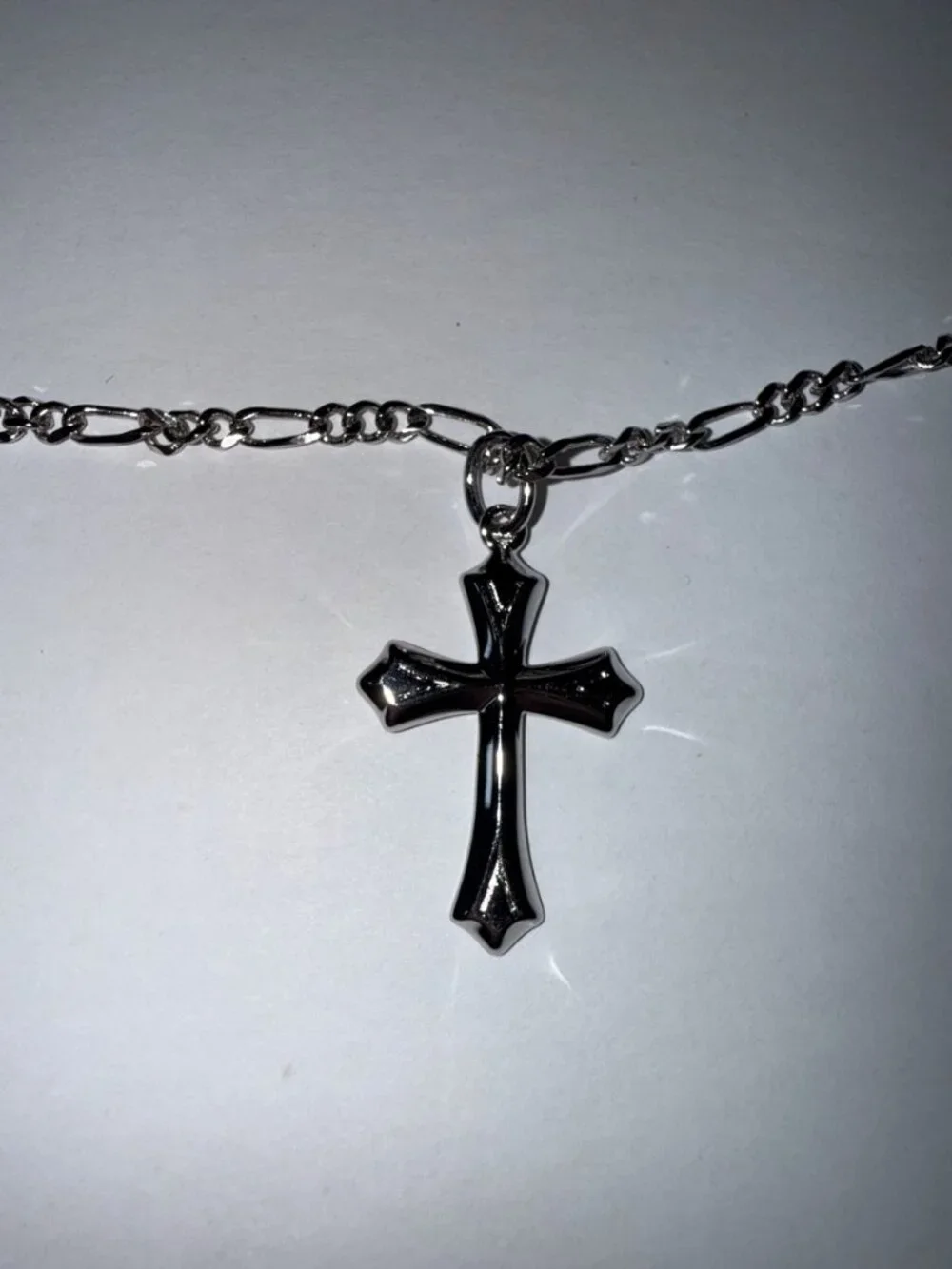 Silver Tone Gothic Cross Pendant Necklace on Figaro Chain Men's Unisex